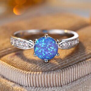 NEW 14k White Gold Blue Opal Diamond Ring Oval Cut Ring Opal Solitaire Ring